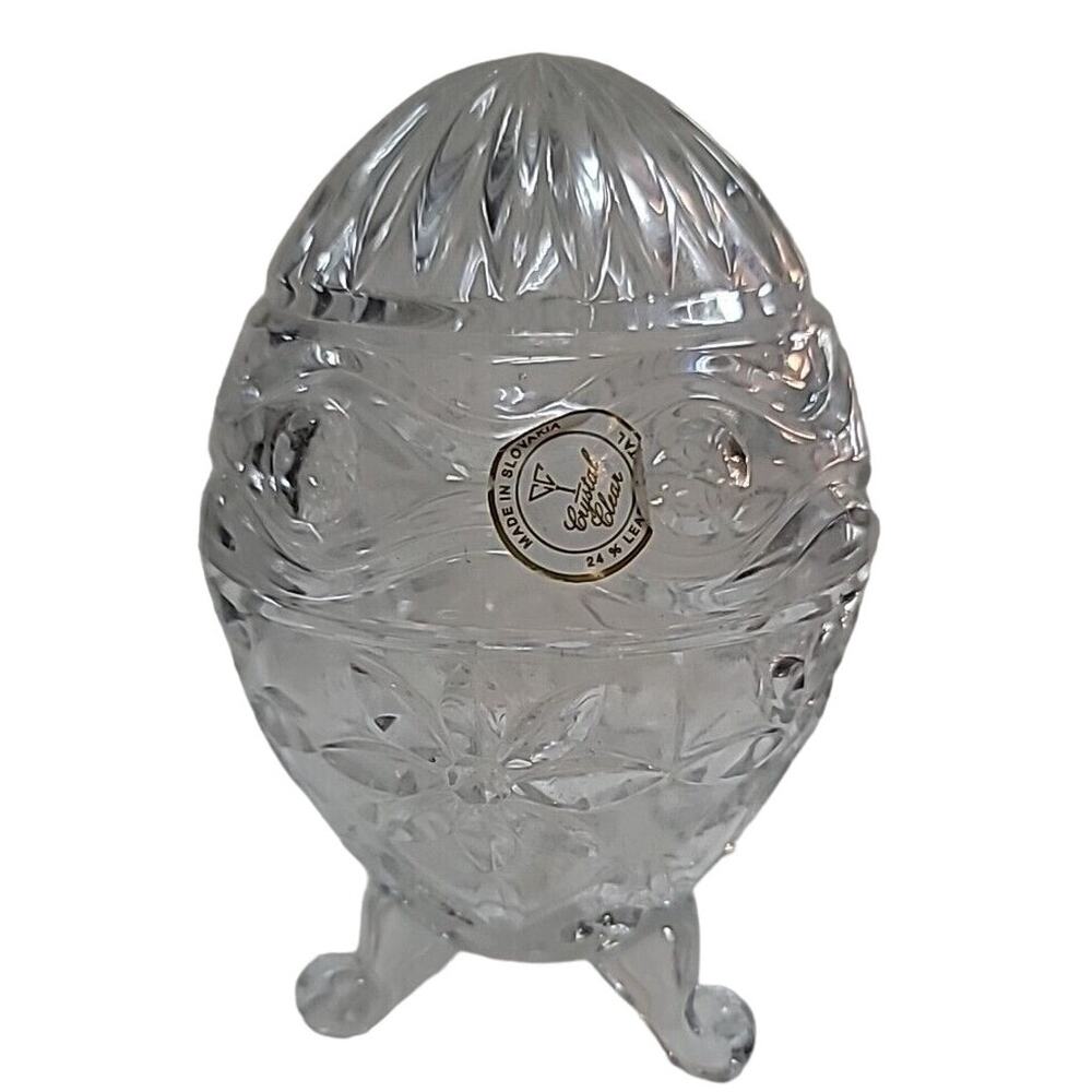 Vintage Crystal Slovakia Clear Egg Shaped Glass Pedestal Candy Dish